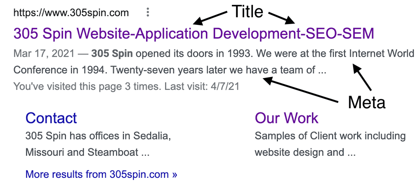 The SERP, or Search Engine Results Page, for the website 305spin.com.